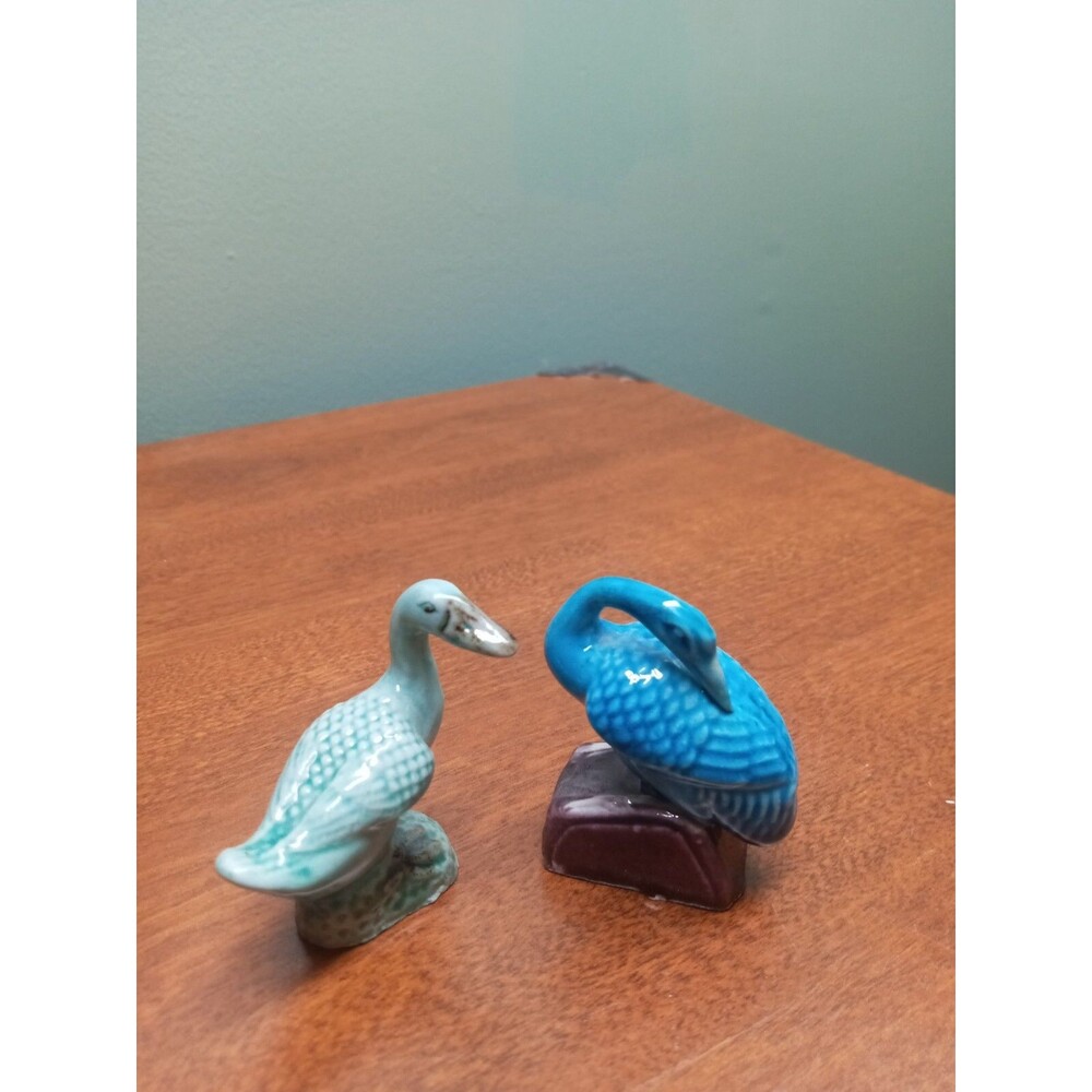 Vintage Pair Chinese Export Majolica Geese Duck Turquoise Green Figurine 2-1/2"